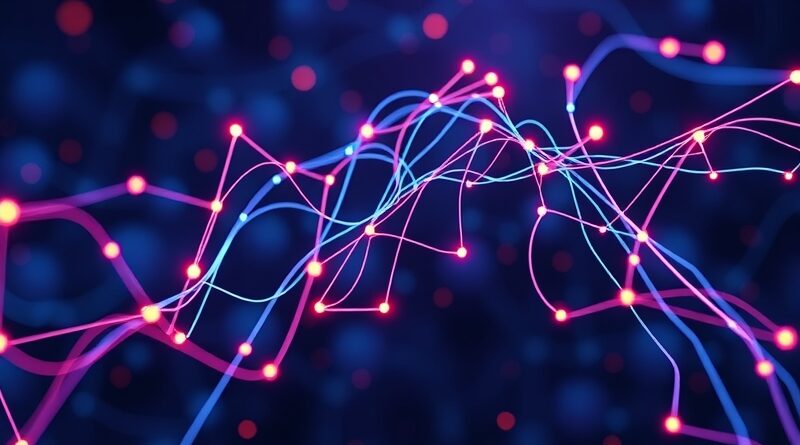 Abstrakcyjna grafika: splecione sieci neuronowe tworzą interfejs kodowania, w barwach niebiesko-fioletowo-pomarańczowych, symbolizujące innowacje i łączność.