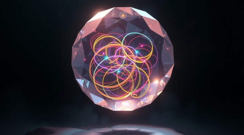 Lśniąca, wieloaspektowa kryształowa kula symbolizująca LLM. Wewnątrz, kolorowe nici światła reprezentują zmieniające się wektory osobowości.