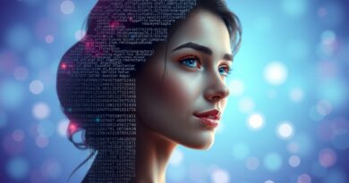 Eteryczny portret cyfrowej muzy, stworzonej z kodu, w tle błękity i fiolety, bokeh danych.