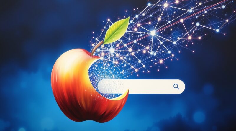Abstrakcyjne jabłko przechodzące w konstelację danych trafiających do paska wyszukiwania.