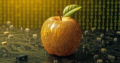 Jabłko z obwodami drukowanymi na powierzchni, leżące na tle płyty głównej, w złotym oświetleniu. Sztuczna inteligencja Apple.