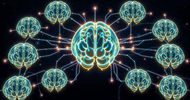 Rozświetlona sieć połączonych mózgów symbolizująca współpracę agentów AI w badaniach, z centralnym koordynatorem.