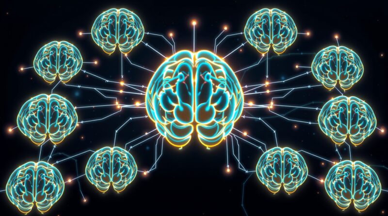Rozświetlona sieć połączonych mózgów symbolizująca współpracę agentów AI w badaniach, z centralnym koordynatorem.