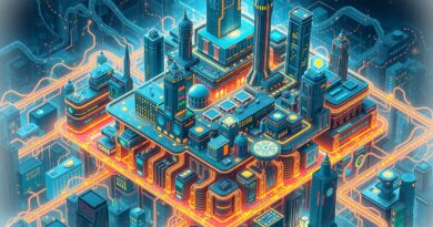 Futurystyczne miasto jako sieć neuronowa symbolizująca warstwy autonomicznych agentów AI: doświadczenie, pamięć, działanie.