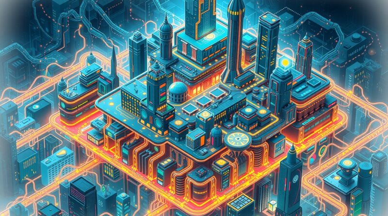 Futurystyczne miasto jako sieć neuronowa symbolizująca warstwy autonomicznych agentów AI: doświadczenie, pamięć, działanie.