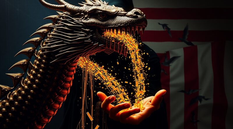 Złote mikrochipy z paszczy smoka w ręce cienia na tle pękniętej flagi USA.