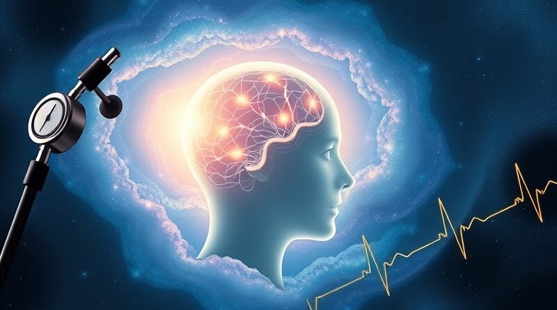 AI głosowy asystent w formie głowy na tle kosmicznej mgławicy, symbolizujący automatyzację obsługi pacjentów w medycynie.