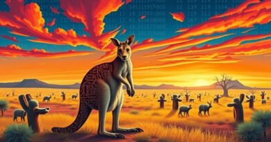 Kangur z wzorem obwodu na futrze w australijskim krajobrazie pod niebem binarnym; AI w Australii.