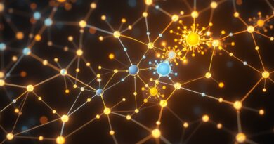 Abstrakcyjna sieć neuronowa, węzły w kolorach indigo, złota i cyjanu, symbolizująca automatyzację badań.