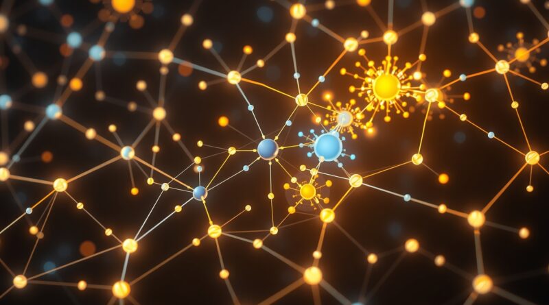 Abstrakcyjna sieć neuronowa, węzły w kolorach indigo, złota i cyjanu, symbolizująca automatyzację badań.
