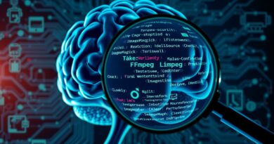 Abstrakcyjny mózg AI analizujący kod przez lupę, wykrywając luki w open source, nadzorowany przez analityka.