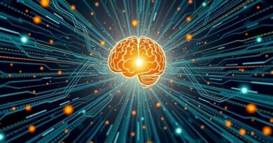 Abstrakcyjna wizualizacja AI: dane zbiegają się w rdzeniu, neuralne sieci i finansowe wzrosty w błękitach, zieleniach i złocie.