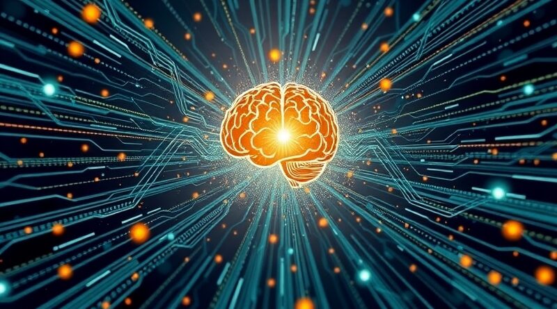 Abstrakcyjna wizualizacja AI: dane zbiegają się w rdzeniu, neuralne sieci i finansowe wzrosty w błękitach, zieleniach i złocie.