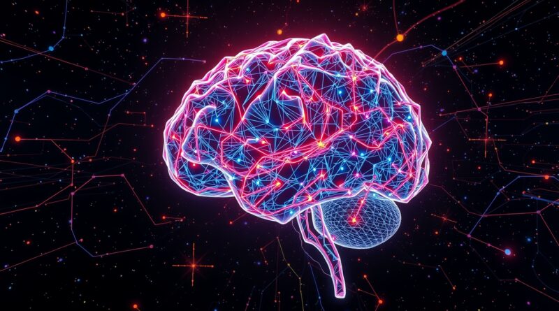 Abstrakcyjny mózg cyfrowy z promieniejącymi strumieniami danych, symbolizujący połączenie AI, Cognee i Hugging Face.