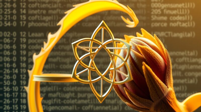 Abstrakcyjny symbol matematyczny spleciony z pąkiem nasion. W tle kod Lean. Kompozycja złoty podział.