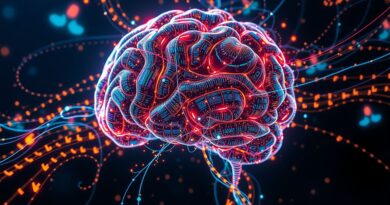 Abstrakcyjny, cyfrowy mózg spleciony ze strumieniami kodu. Surrealistyczna grafika ilustruje moc ToolTrain w lokalizowaniu błędów.