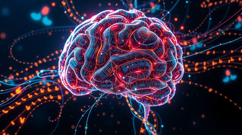 Abstrakcyjny, cyfrowy mózg spleciony ze strumieniami kodu. Surrealistyczna grafika ilustruje moc ToolTrain w lokalizowaniu błędów.