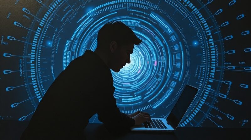 Programista w mroku, oświetlony przez kod AI, symbolizujący napięcie między człowiekiem a technologią.