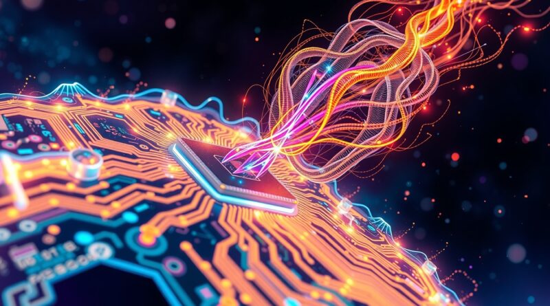 Abstrakcyjna reinżynieria GPU przez AI; świecąca płyta, kod, eteryczna inteligencja i dane.