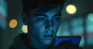 Młoda osoba w niebieskim świetle smartfona; samotność i połączenie w erze AI.