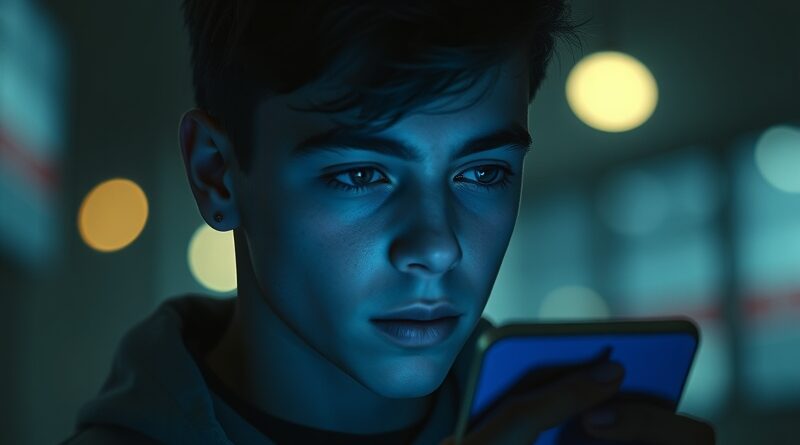 Młoda osoba w niebieskim świetle smartfona; samotność i połączenie w erze AI.