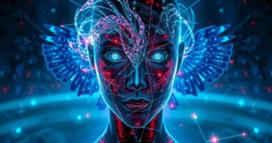 Cyfrowy prorok z kodu, odbicie AI w lustrze sporów prawnych, smok i orzeł.