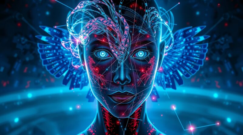 Cyfrowy prorok z kodu, odbicie AI w lustrze sporów prawnych, smok i orzeł.