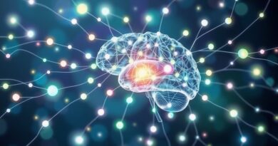 Abstrakcyjna wizja mózgu AI: sieć neuronów, połączenia wiedzy, przepływ danych do centralnego repozytorium.