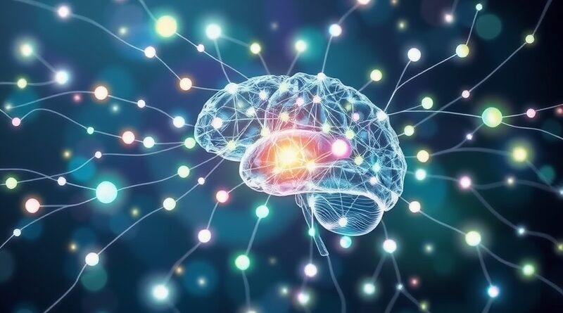 Abstrakcyjna wizja mózgu AI: sieć neuronów, połączenia wiedzy, przepływ danych do centralnego repozytorium.