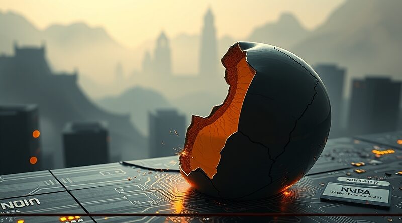 Pęknięty wazon z chińskiej porcelany na tle płyty głównej z logo NVIDIA i Wielkiego Muru.