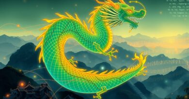 Stylizowany chiński smok z obwodami i sieciami neuronowymi na tle cyfrowego krajobrazu AI.
