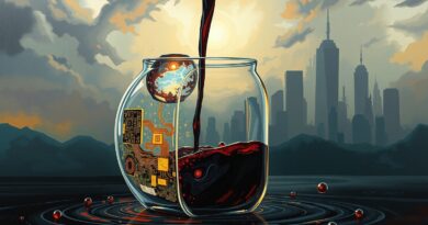 Kruchy, szklany startup wysysany przez ciemną ciecz (koszty AI) w tle burzowe niebo.