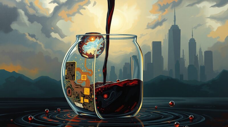 Kruchy, szklany startup wysysany przez ciemną ciecz (koszty AI) w tle burzowe niebo.