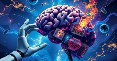 Rozpadający się mózg z obwodów drukowanych w kosmicznej mgle, dotykany przez mechaniczną dłoń. Fractured consciousness.