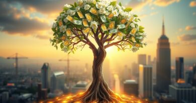 Kwitnące drzewo pieniędzy z liśćmi z kodów binarnych i dolarów, symbole AI i wzrostu Clay.