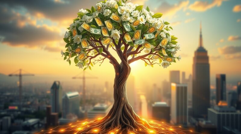 Kwitnące drzewo pieniędzy z liśćmi z kodów binarnych i dolarów, symbole AI i wzrostu Clay.