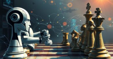 Szachy AI: Futurystyczne roboty kontra klasyczne figury, z neuralnymi sieciami w tle. Symbolika starcia inteligencji.