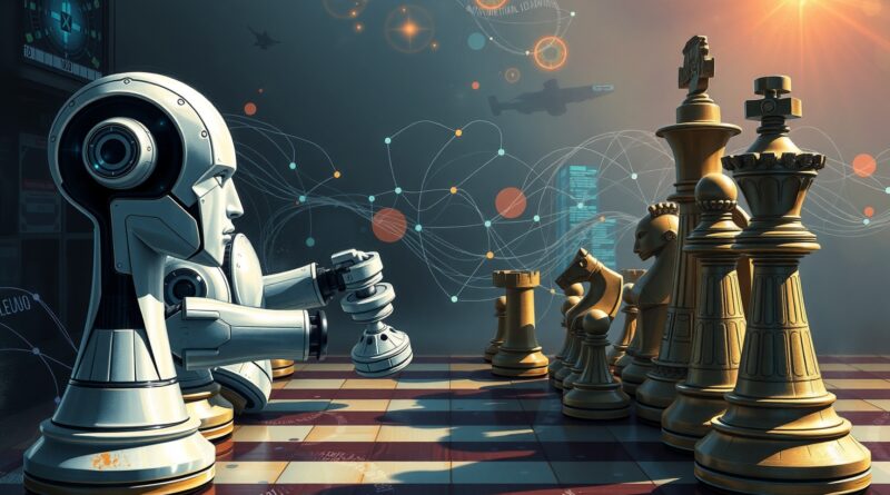 Szachy AI: Futurystyczne roboty kontra klasyczne figury, z neuralnymi sieciami w tle. Symbolika starcia inteligencji.