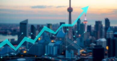 Abstrakcyjny wykres finansowy na tle wieczornego Toronto, symbolizujący wzrost Cohere dzięki inwestycjom w AI.