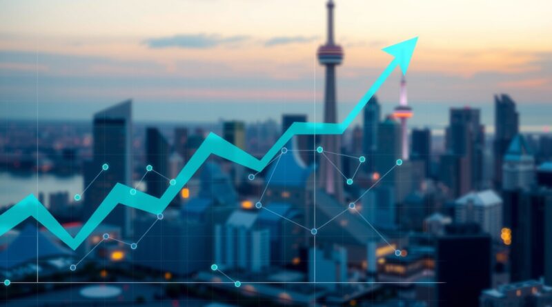 Abstrakcyjny wykres finansowy na tle wieczornego Toronto, symbolizujący wzrost Cohere dzięki inwestycjom w AI.