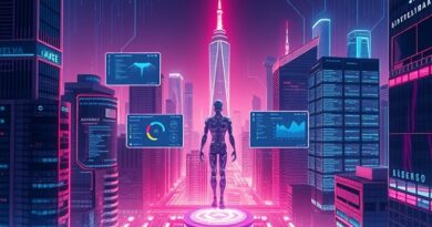 Neonowe, futurystyczne miasto. Abstrakcyjna postać AI kontroluje wirtualne ekrany z kodem, grafikami i aplikacjami.