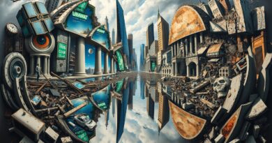 Barokowe malowidło: pęknięte lustro odbija utopię i dystopię, symbolizując dualizm AGI.