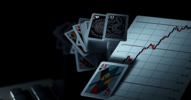 Kruchy domek z kart AI na tle spadającego wykresu finansowego. Ryzyko bańki.