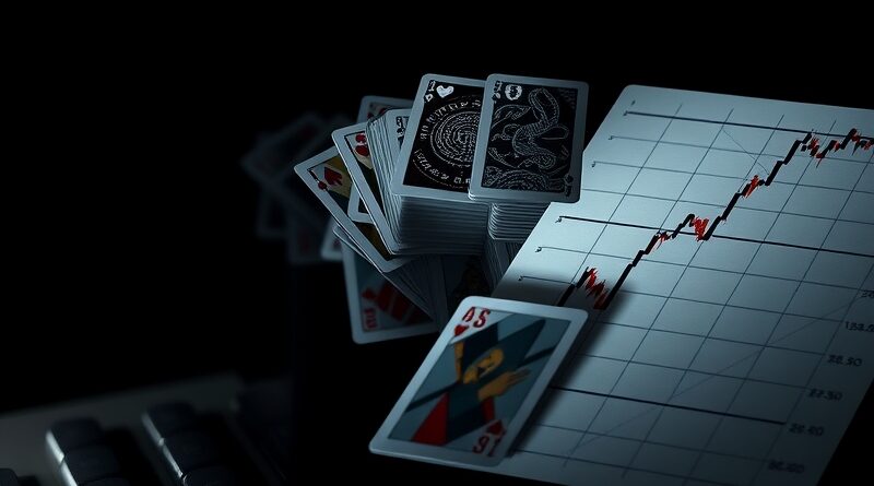 Kruchy domek z kart AI na tle spadającego wykresu finansowego. Ryzyko bańki.