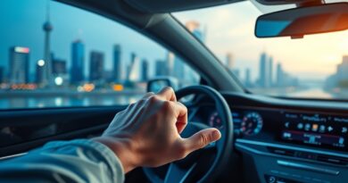 Futurystyczne miasto odbite w samosterującym aucie. Ręka na desce rozdzielczej, zaufanie i interakcja.