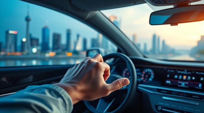 Futurystyczne miasto odbite w samosterującym aucie. Ręka na desce rozdzielczej, zaufanie i interakcja.