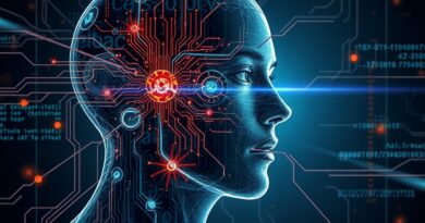 Rozbita twarz z obwodów i kodu, łącząca człowieczeństwo z chłodną inteligencją AI.