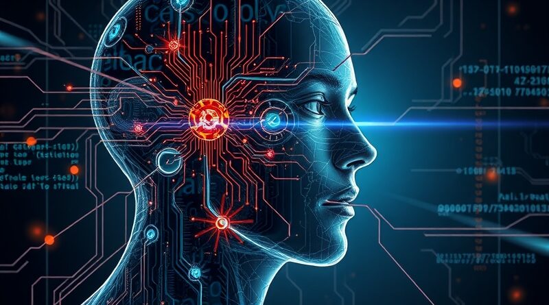 Rozbita twarz z obwodów i kodu, łącząca człowieczeństwo z chłodną inteligencją AI.