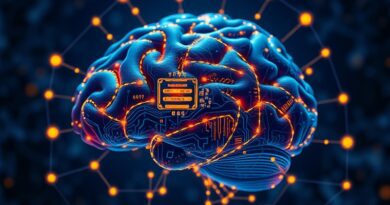 Abstrakcyjny cyfrowy mózg z siecią neuronową. Glowing niebiesko-złote obwody symbolizują inteligencję. Wysoka rozdzielczość, artystyczne ujęcie.