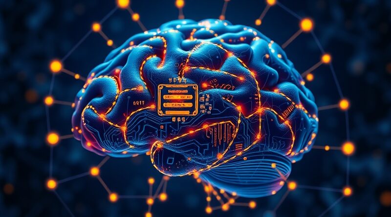 Abstrakcyjny cyfrowy mózg z siecią neuronową. Glowing niebiesko-złote obwody symbolizują inteligencję. Wysoka rozdzielczość, artystyczne ujęcie.